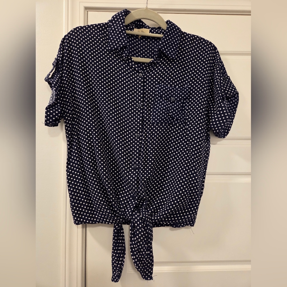 Love Notes Navy and White Polka Dot Button Down‎ Shirt